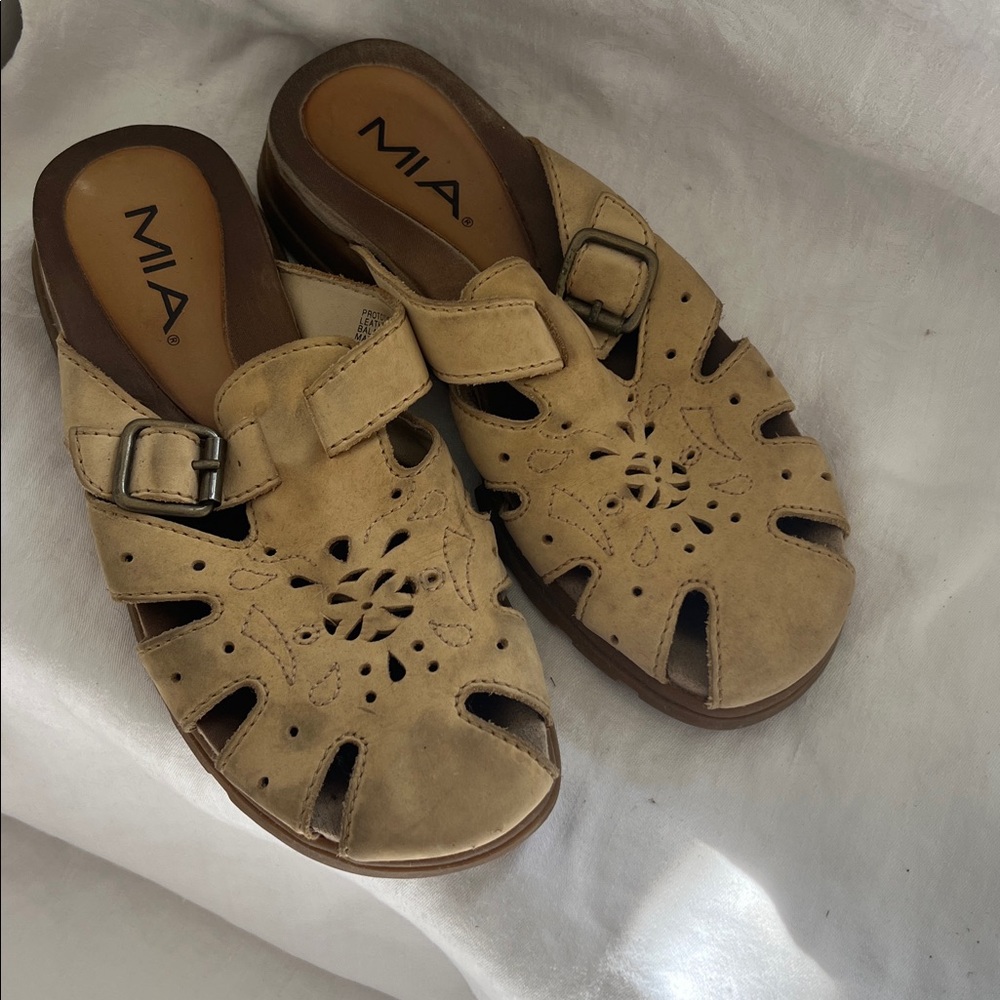 MIA Beige Leather Slip-On Sandals